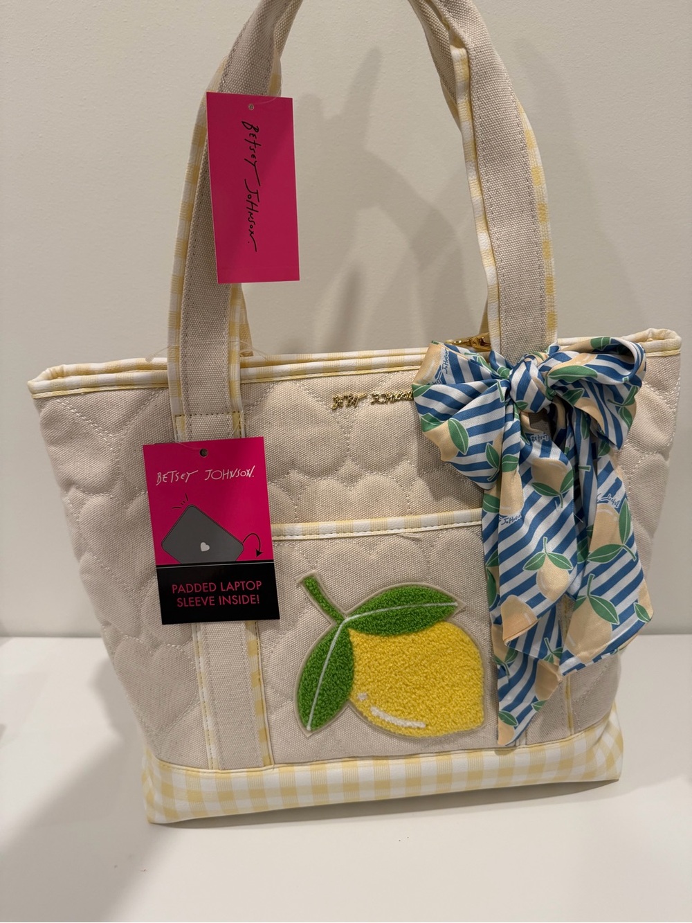 Betsey Johnson Cream Lemon Quilted Tote Bag with Scarf